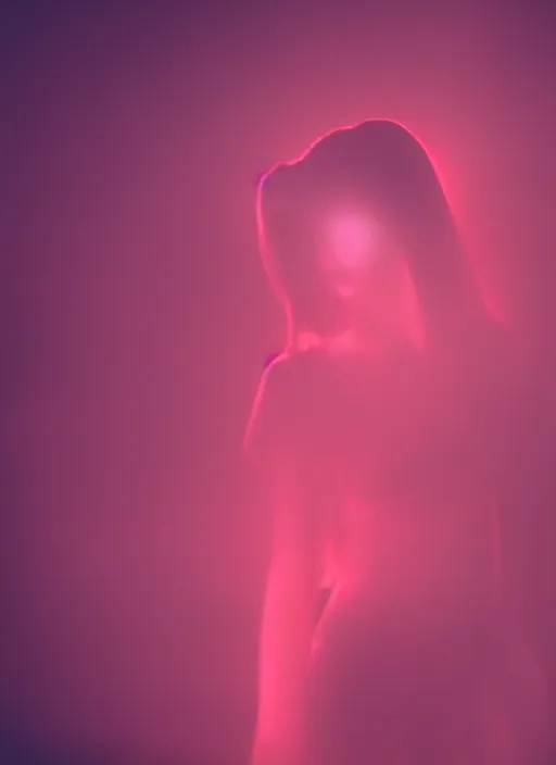 Prompt: a dark female silhouette, bright glowing translucent aura, fog, film grain