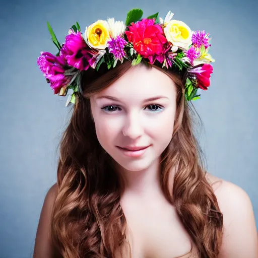 Prompt: A very beutiful young girl with flower crown, holding a statue in nature, portrait, studio