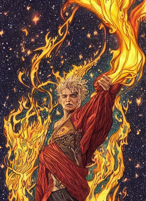 Image similar to high intricate colored ink drawing of the sandman holding a glimmering fire - galaxy, full shot, neil gaiman, maria panfilova, andrea savchenko, mike kime, ludovic plouffe, qi sheng luo, oliver cook, julian calle, eddie mendoza, trending on artstation