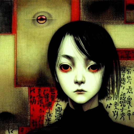 Image similar to yoshitaka amano blurred and dreamy realistic three quarter angle horror portrait of a sinister young woman with short hair, and black eyes wearing office suit with tie, junji ito abstract patterns in the background, satoshi kon anime, noisy film grain effect, highly detailed, renaissance oil painting, weird portrait angle, blurred lost edges
