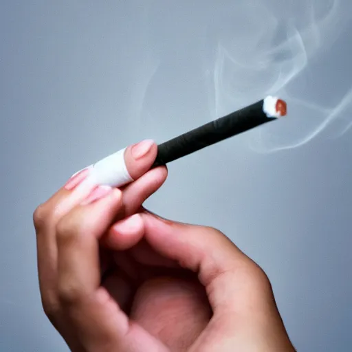 Prompt: Close-up of hyperrealistic female hand holding cigarette with smoke, white background, 4K