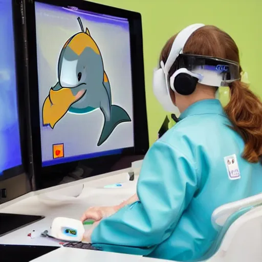 Image similar to A dolphin wearing a chemist outfit, playing games on a computer