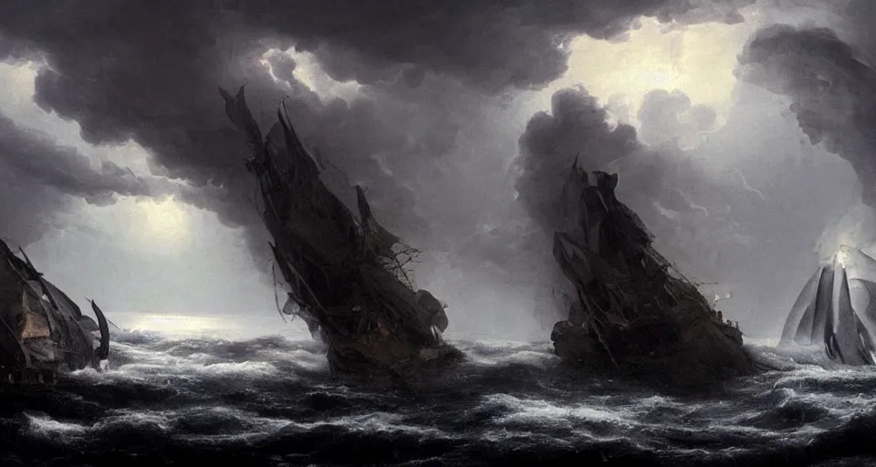 Image similar to black lovecraftian eldritch!! obsidian pyramid!! a snowy island surrounded by raging stormy seas, 1 7 0 0 s frigate, with a large shadow of a creature in the background by eugene von guerard, ivan shishkin, night, red lightning!!, storm!, dramatic lighting, concept art, trending on artstation, 8 k