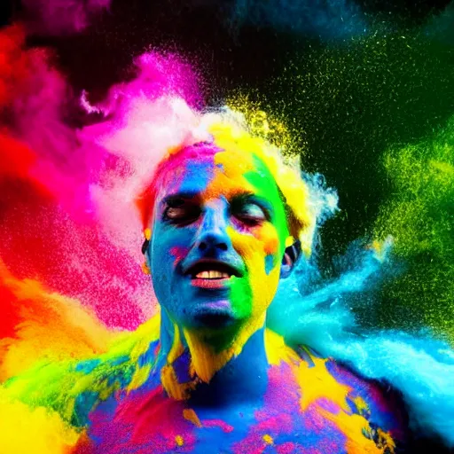 Prompt: a man covered in colored powder standing in front of a black background, digital art by alberto seveso, shutterstock contest winner, action painting, behance hd, vivid colors, zbrush