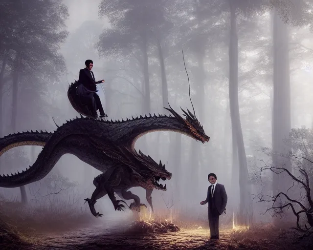 Image similar to 5 5 mm portrait photo of mr bean riding a dragon, in a magical forest. dark atmosphere. art by greg rutkowski. highly detailed 8 k. intricate. lifelike. soft light. nikon d 8 5 0.