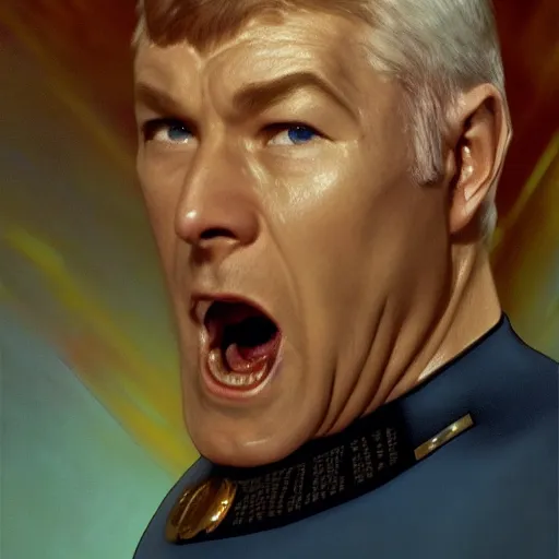 Image similar to photograph of captain j. kirk from star trek screaming in terror. sharp photograph, sharp focus, highly detailed,, detailed face!!, ultra realism, dramatic lighting, zeiss lens, canon eos, detailed skin, dynamic pose, 8 k resolution, hyperrealism, portrait photography, art by artgerm and greg rutkowski and alphonse mucha