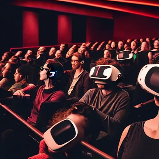 Image similar to people in a busy very dark movie theatre, all of they are wearing vr headsets with art direction by salvador dali, wide lens