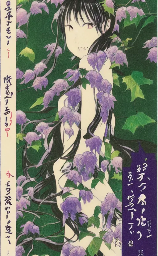 Prompt: by akio watanabe, manga art, a girl and wisteria tree, trading card front, kimono, realistic anatomy, half moon in the background