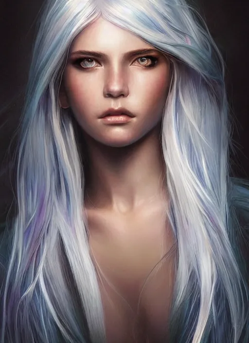 Prompt: girl with iridescent silver hair, beautiful highly detailed face, complementary lighting, backlit, eyeshadow, divine, dramatic lighting, landscape background, beautiful painting by artgerm and greg rutkowski and raymond swanland