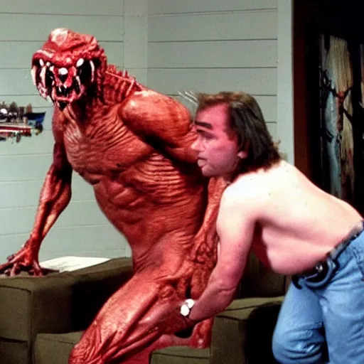 Image similar to predator creature taking a seat with chris hansen, still from tv show to catch a predator