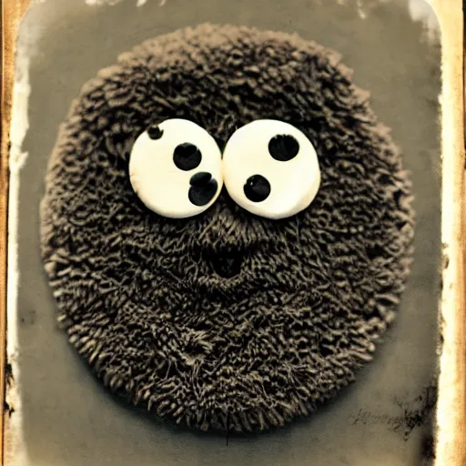 Image similar to creepy cookie monster, with evil grin, tintype, realistic.