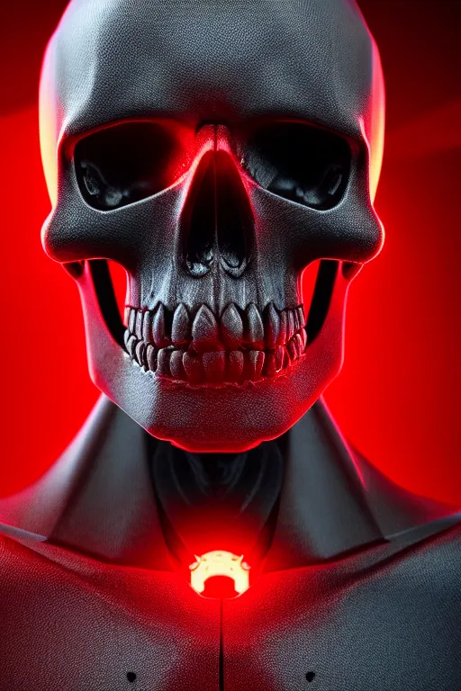 Prompt: closeup shot of a carbon black cyborg, skull, macro shot, dof, cinematic, volumetric lighting, studio shot, octane render, red light, 4 k