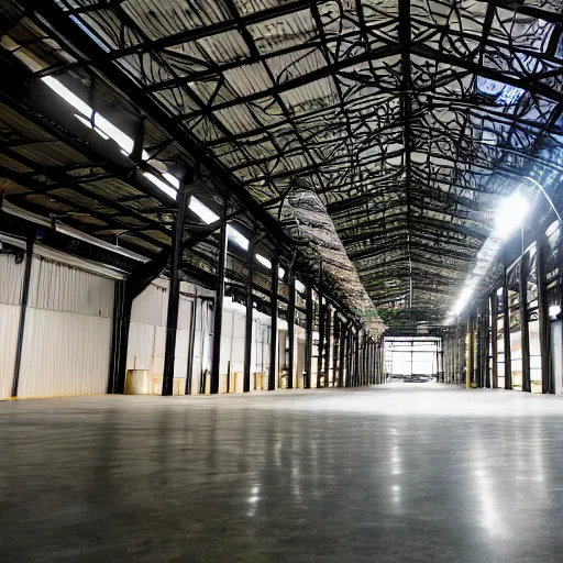 Image similar to professional photograph of industrial warehouse with bright overhead lights, and a forest growing inside of it