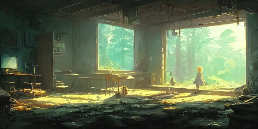 Prompt: a wholesome animation key shot of a post apocalyptic room with a big cork board, covered by nature hipster vibes by studio ghibli, animation, sharp, rendered in unreal engine 5, focused, anime key art by greg rutkowski, bloom, dramatic lighting