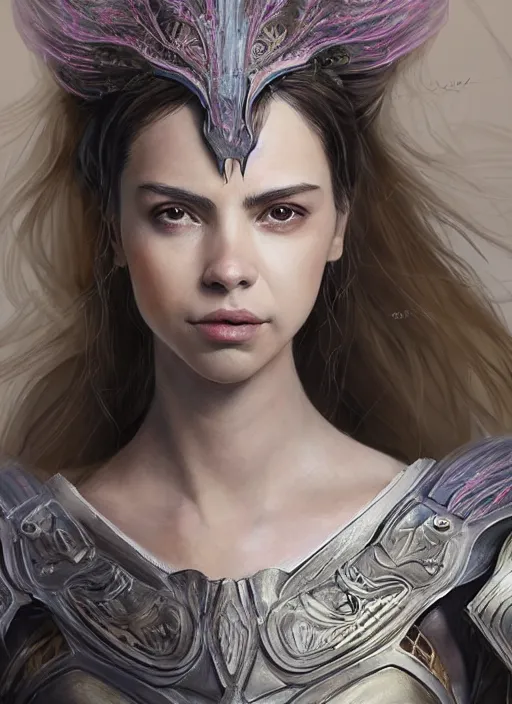 Image similar to a professional portrait of a beautiful young female, clothed in ethereal battle armor, olive skin, long dark hair, beautiful bone structure, symmetrical facial features, intricate, elegant, digital painting, concept art, smooth, sharp focus, finely detailed, illustration, from Valerian and the City of a Thousand Planets, in the style of Ruan Jia and Mandy Jurgens and Artgerm and Greg Rutkowski and William-Adolphe Bouguerea