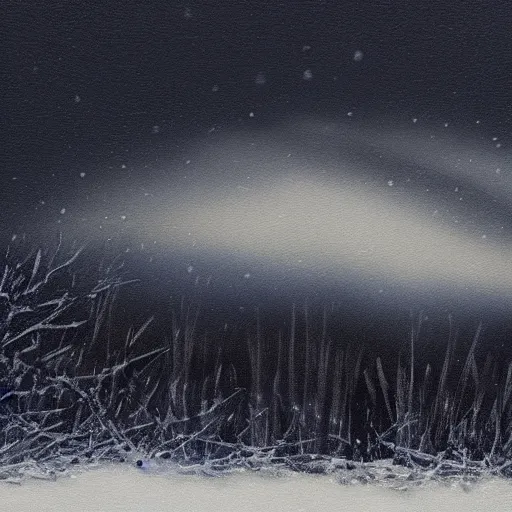 Prompt: award winning composition. a masterpiece with dramatic moonlit lighting. loose brush strokes. foreboding sky over white winter scene. closeup of paw prints in snow. artwork trending on artstation in the style of landscape artist jeffrey holmes