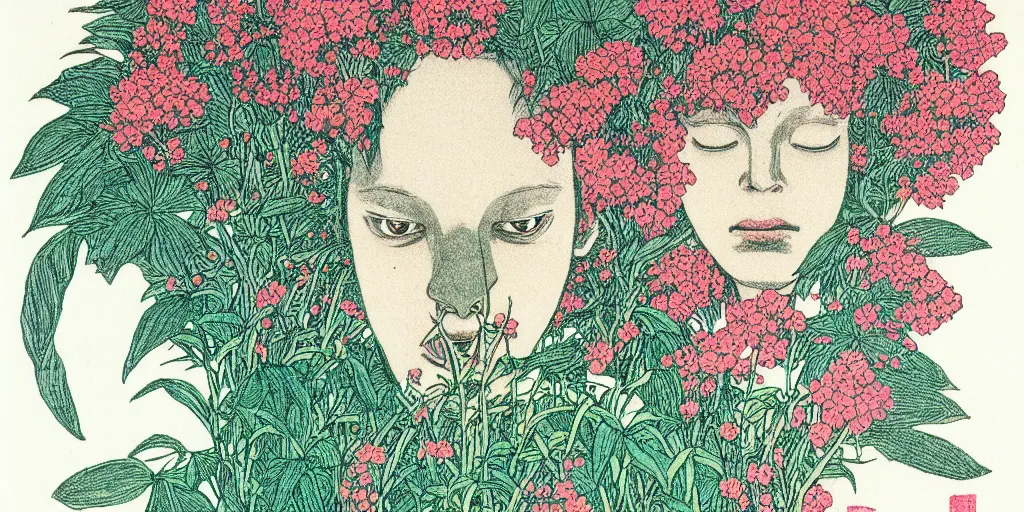 Image similar to risograph grainy drawing protagonist face, pastel colors, with huge piersing, face covered with plants and flowers, by moebius and satisho kon, close - up portrait, perfect blue, paprika