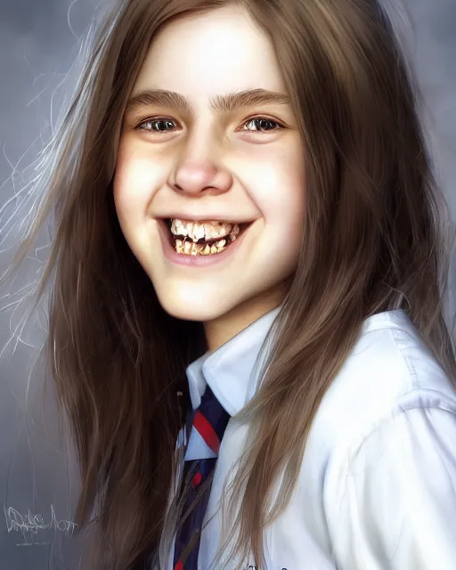 Image similar to close up portrait of 1 5 - year - old girl, smile with large front teeth, hermione, very bushy brown hair, and very bright brown eyes, wearing white shirt, hyper realistic face, beautiful eyes, character art, art by mark brooks, hyperdetailed, cryengine, trending on artstation, digital art