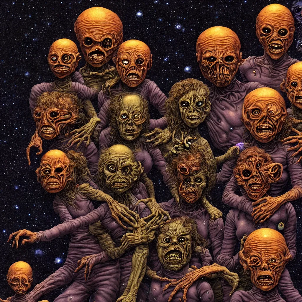 Prompt: detailed image of a creepy family in the deep space by richard corben, rich deep colors. masterpiece . intricate artwork, very coherent symmetrical artwork, cinematic, hyper realism, high detail, octane render, unreal engine, 8k, Vibrant colors, Smooth gradients, High contrast, depth of field. by Katsuhiro Otomo, full body character drawing, inspired by Evangeleon, clean ink detailed line drawing, intricate detail, extremely detailed.