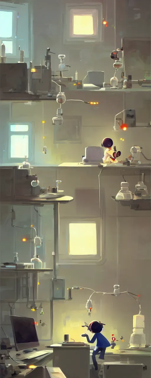 Prompt: goro fujita ilustration a science laboratory in a game dev studio office, explosion in the laboratory, small sparkles from computers, painting by goro fujita, sharp focus, highly detailed, artstation