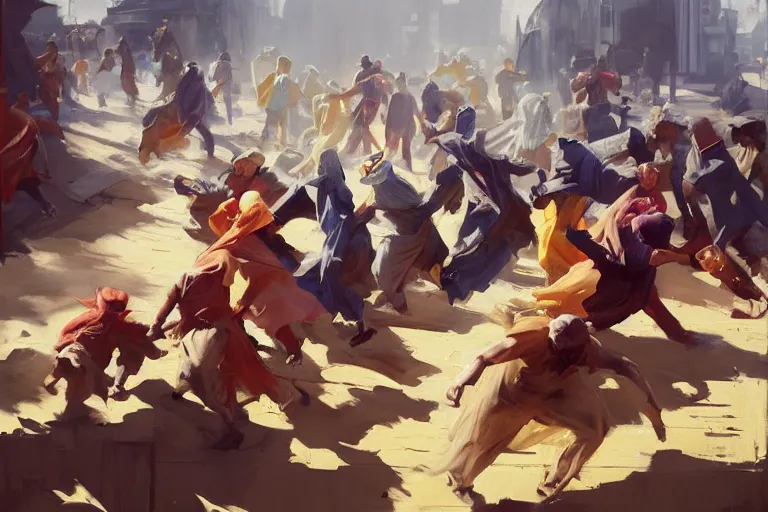 Prompt: greg manchess painting of people dressed in rags tripping over each other in an arena, profile picture, organic painting, sunny day, matte painting, bold shapes, hard edges, street art, trending on artstation, by huang guangjian, gil elvgren, ruan jia, randy vargas, greg rutkowski