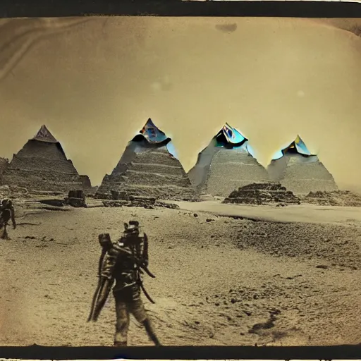 Prompt: tintype photo, underwater, Godzilla walking in front of the pyramids