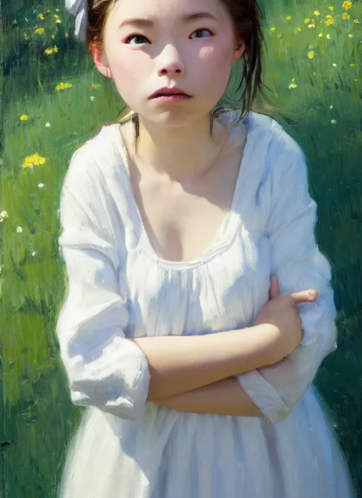 Image similar to portrait of girl dressed in white clothes meeting big Totoro, countryside, fantasy character portrait, dynamic pose, above view, view from above, sunny day, thunder clouds in the sky, artwork by Jeremy Lipkin and Giuseppe Dangelico Pino and Michael Garmash and Rob Rey and John Marshall Gamble, very coherent symmetrical artwork, perfect face, simple form, 100mm