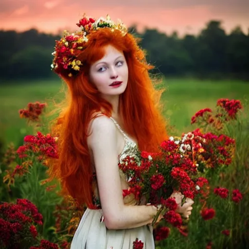 Prompt: Fine art photo of the most beautiful woman, she is redhead, she is posing while maintain a sweet eye contact to the camera, she has a crown of flowers, she has perfect white teeths, she is walking on a river, she is getting ulluminated by the rays of the sunset, the photo was taking by Annie Leibovitz, Ellie Victoria Gale, Steve McCurry, matte painting, oil painting, naturalism, 4k, 8k