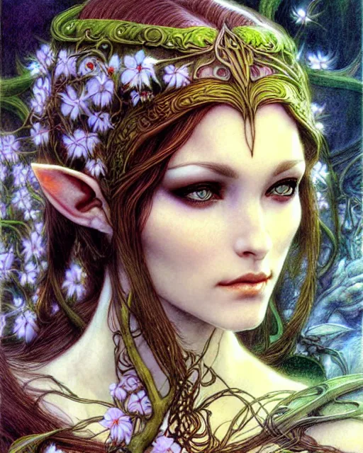 Image similar to elven woman, flowers in hair, fantasy character portrait, ultra realistic, concept art, intricate details, art nouveau, cinematic, highly detailed by boris vallejo, chris achilleos, arthur rackham