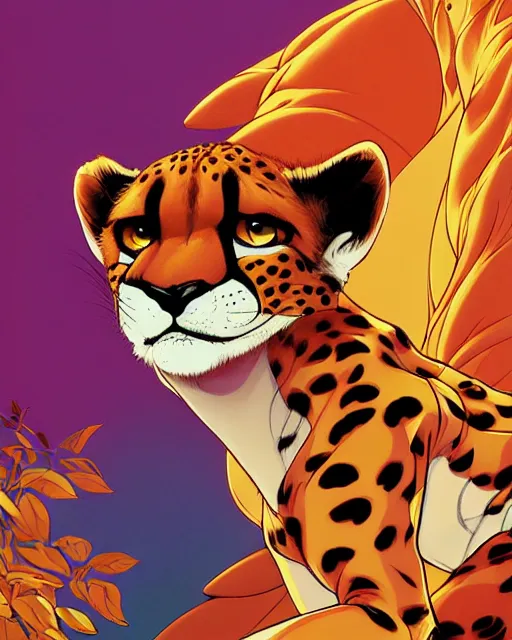 Image similar to don bluth, loish, artgerm, joshua middleton, anthropomorphic cheetah, wearing a track suit, smiling, symmetrical eyes symmetrical face, colorful animation forest background