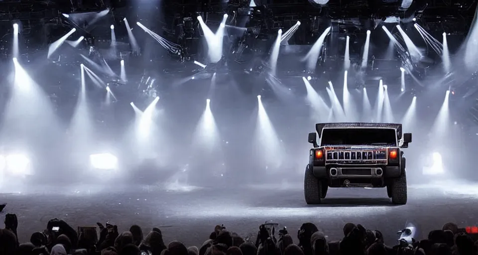 Prompt: silver hummer truck on a stage : : surrounded by fog and a laser show on stage. photo realistic.