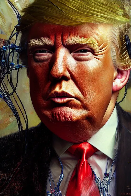 Prompt: hyperrealist portrait of donald trump, it is decorated with wires and monitors. by jeremy mann and alphonse mucha, fantasy art, photo realistic, dynamic lighting, artstation, poster, volumetric lighting, very detailed faces, 4 k, award winning