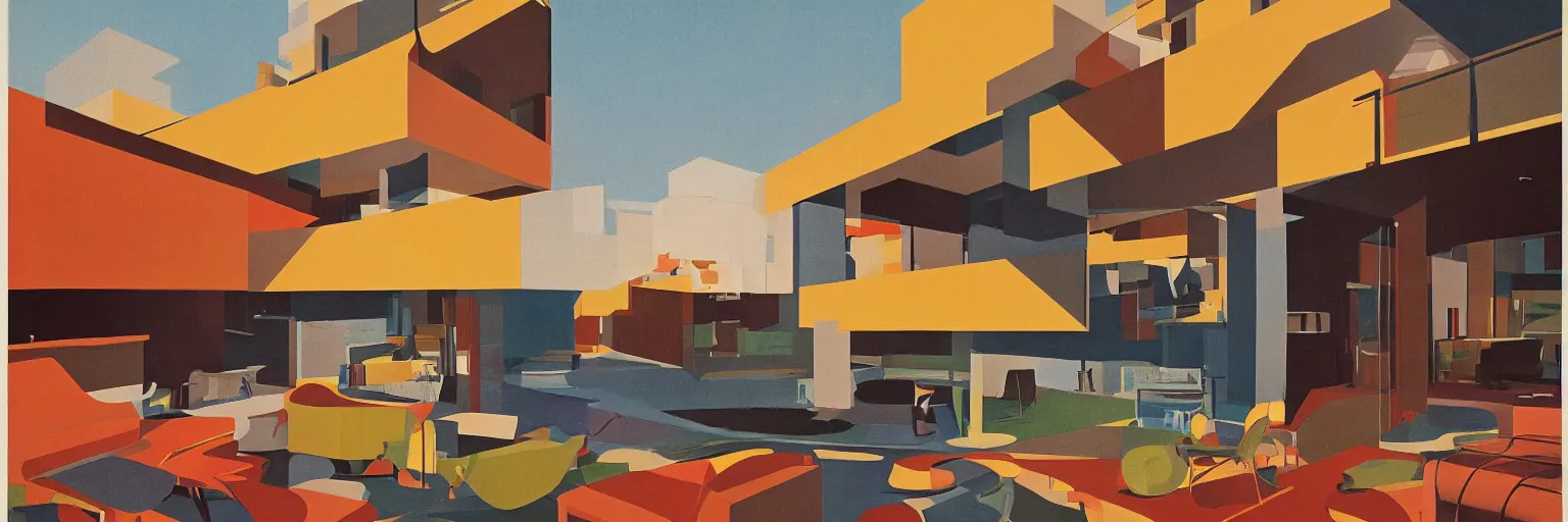 Image similar to midcentury architecture. modernism. warm colors. wide shot. imagined by ken adam.