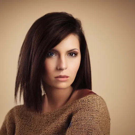 Image similar to portrait photo of a charismatic beautiful brunette female looking into the camera, indoors, f 1. 4, golden ratio, rim light, top light, overcast day