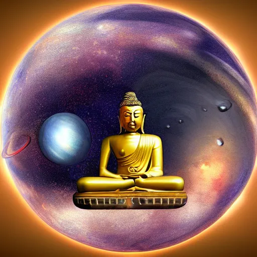 Prompt: giant Buddha floating among the planets in the solar system, oil on canvas, intricate, 8k highly professionally detailed, HDR, CGsociety