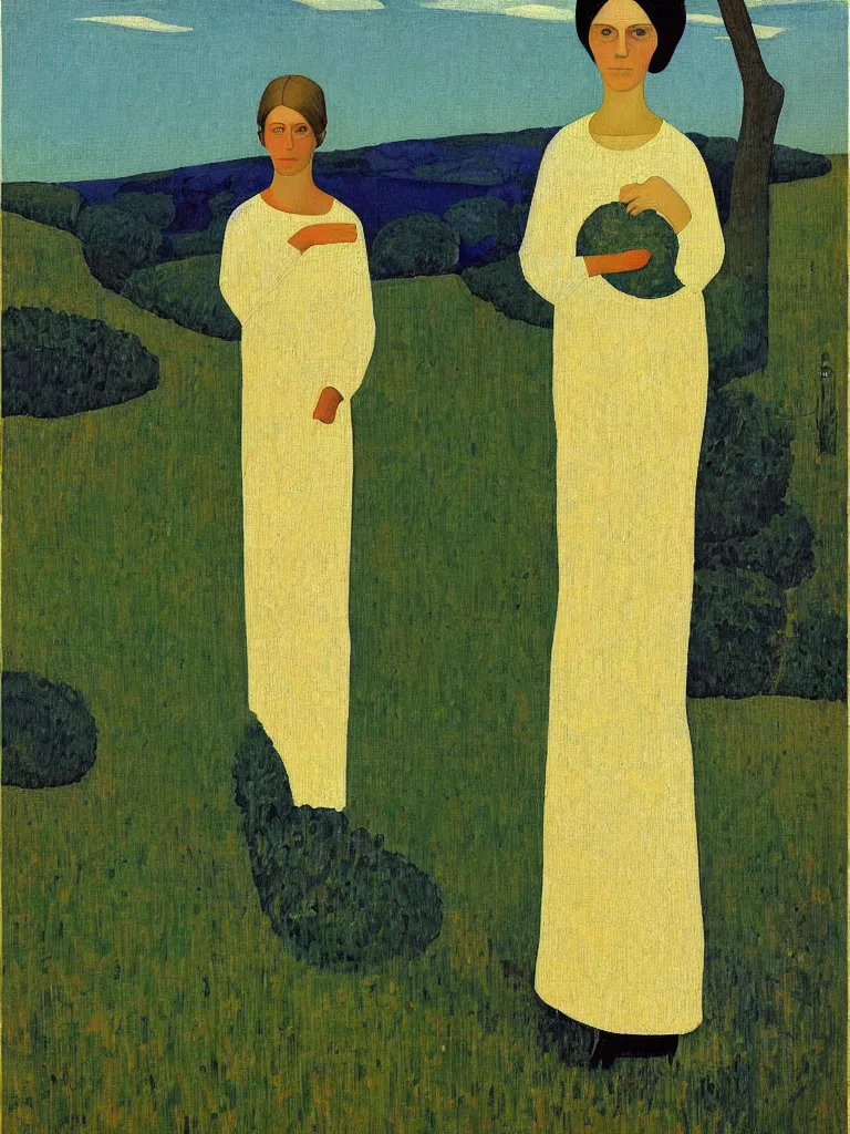 Prompt: a painted portrait of a women in a beautiful landscape by felice casorati, aesthetically pleasing and harmonious colors, expressionism