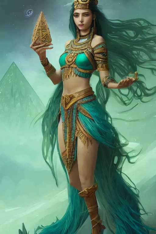 Image similar to beautiful wizard female with teal skin, full body shot, hair made of algae, egyptian clothing, with a wooden stuff, d & d, fantasy, intricate, elegant, highly detailed, digital painting, artstation, concept art, matte, sharp focus, illustration, hearthstone, art by artgerm and greg rutkowski and alphonse mucha