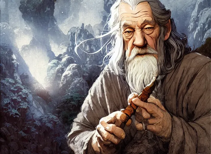 Prompt: portrait of gandalf smoking a pipe with tolkien in bilbo hobbit house - art, by wlop, james jean, victo ngai! muted colors, very detailed, art fantasy by craig mullins, thomas kinkade cfg _ scale 8