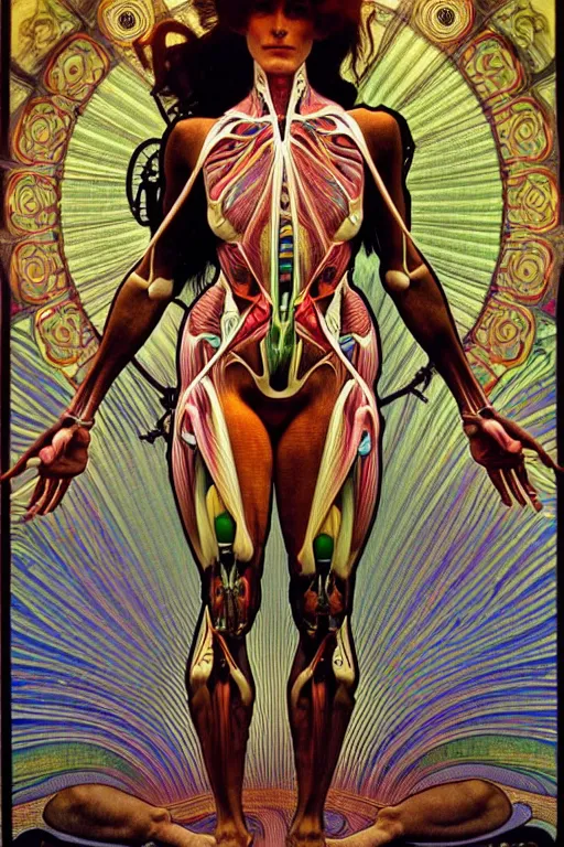 Image similar to extremely psychedelic anatomically accurate model of the ful cyborg human muscular system infected by night, full body, intricate parts, fine details, hype - realistic digital art. extremely lifelike, elegant minimalism. sharp focus. lush color by seichen, alphonse mucha, surreal
