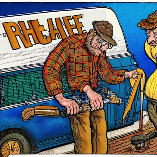 Image similar to The Artwork of R. Crumb and his Mechanic Joke, pencil and colored marker artwork, trailer-trash lifestyle