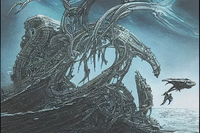 Prompt: dark underwater alien ocean, moebius, giger