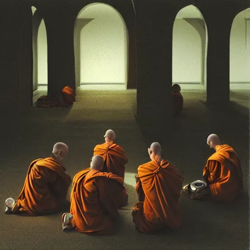 Image similar to 5 monks kneeling in a circle with wires coming out of the back of their heads connecting them to a computer in the center, dark shadowy surroundings, dystopian scifi, horror, Stefan Koidl inspired