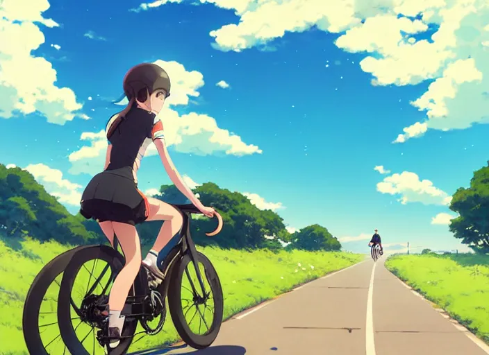 Prompt: portrait of cute girl riding road bike, sunny sky background, lush landscape, illustration concept art anime key visual trending pixiv fanbox by wlop and greg rutkowski and makoto shinkai and studio ghibli and kyoto animation, symmetrical facial features, sports clothing, road bike helmet, nike cycling suit, backlit, aerodynamic frame