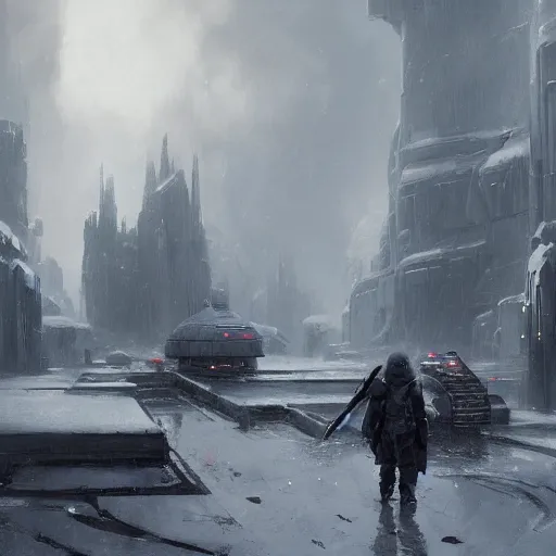 Image similar to star wars concept art by greg rutkowski, a neogothic city in the middle of a snowy landscape, dark clouds, scarce rays of sunlight, enigmatic atmosphere, artstation hq.