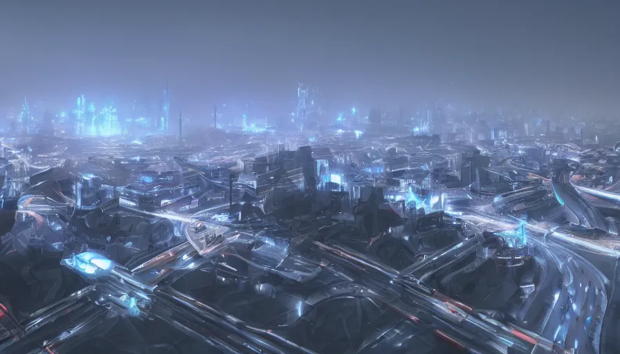 Image similar to futuristic liege, belgium, roads view, volumetric blue light, hyperdetailed, artstation, cgsociety, 8 k