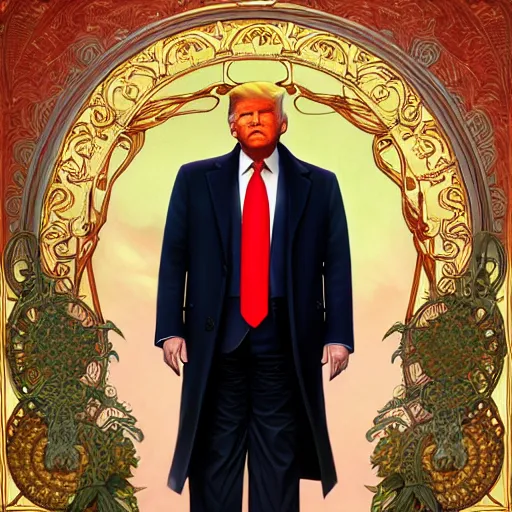 Image similar to full portrait of donald trump as mayor humdinger, fantasy, d & d, intricate, detailed, by by alphonse mucha, adolfo hohenstein, alice russell glenny, stanley artgerm lau, greg rutkowski, detailed, trending on artstation, trending on artstation, smooth