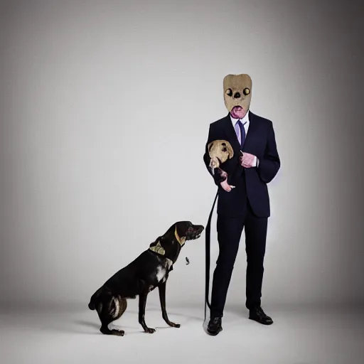 Prompt: a serious adult business man with dog head as head, suitcase in his hand, serious clothing, photography in studio, award winning photo