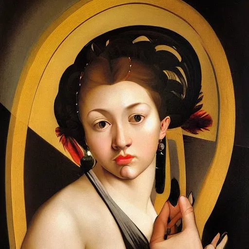 Image similar to a beautiful female that is a portal to another dimension in the style of caravaggio