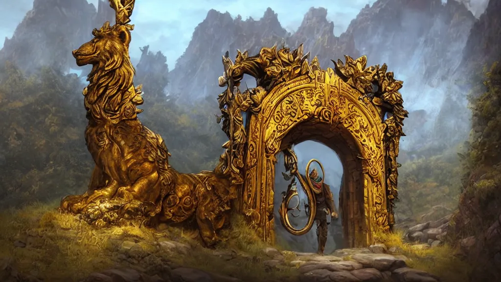 Image similar to A giant medieval fantasy portal gate with a rusty gold carved lion face at the center of it, the portal takes you to another world, full of colorful flowers on the lost Vibes and mountains in the background, spring, delicate fog, sea breeze rises in the air, by andreas rocha and john howe, and Martin Johnson Heade, featured on artstation, featured on behance, golden ratio, ultrawide angle, f32, well composed