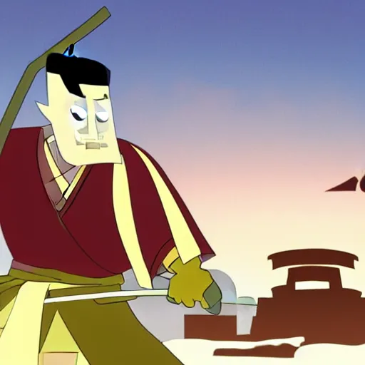 Image similar to a man facing away holding a snow shovel like a sword preparing to raid a fast food restaurant in the background, in the style of Samurai Jack,